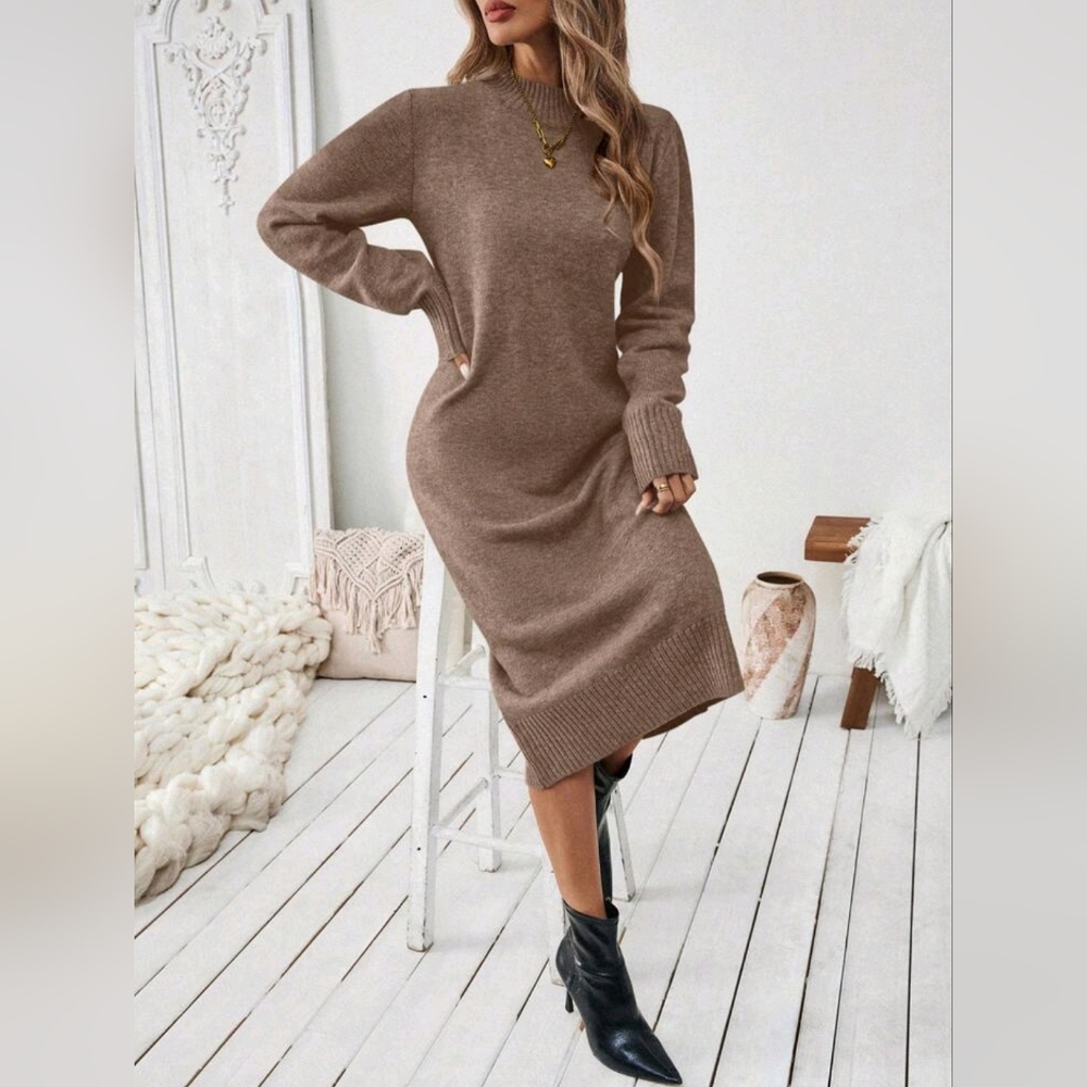 New Chic Oversized Knit Sweater Midi Dress Khaki Tan Beige
